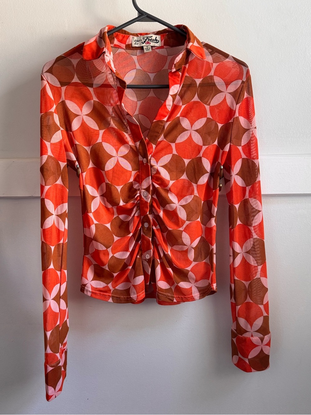 Retro Ruched Button-Down Shirt in Orange and Brown
